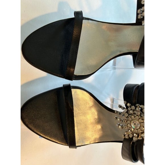 Women's Aldo Strappy Sandals Size 7 Black Silver Rhinestone Flower 4 Inch Heels - Picture 2 of 8